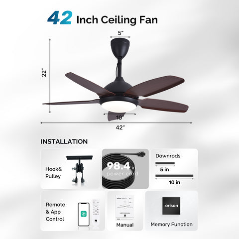 42" Orison Plug-in Outdoor Ceiling Fan with Light, 5-Blade Hanging Fan for Gazebo Porch