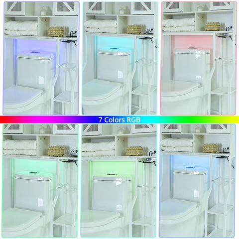 Orison Toilet Rack with RGB Light, Over The Toilet Storage Cabinet with 2 Barn Door and Toilet Paper Holder Stand(White)