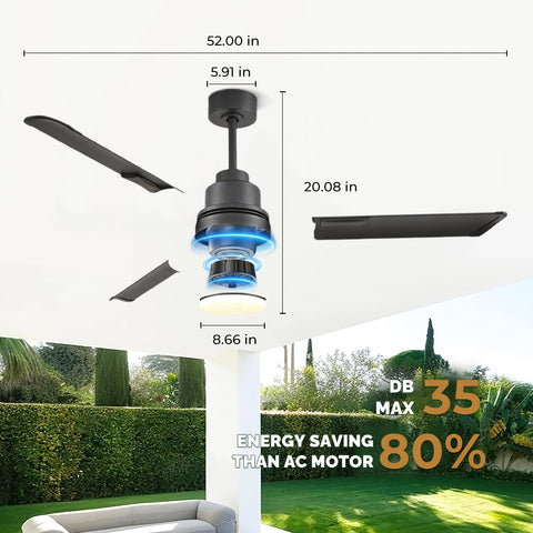 52" Orison Outdoor Ceiling Fan with Lights and Remote Control, Wet Rated Waterproof Gazebo Fan for Porch Patios Pavilion