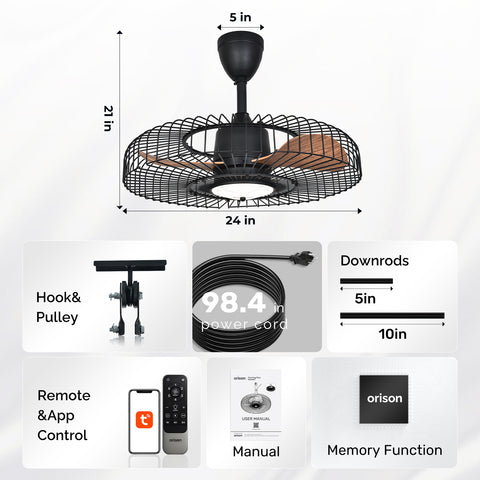 24" Orison Outdoor Ceiling Fans with Lights for Patio, Weatherproof Gazebo Fan Remote & APP Control