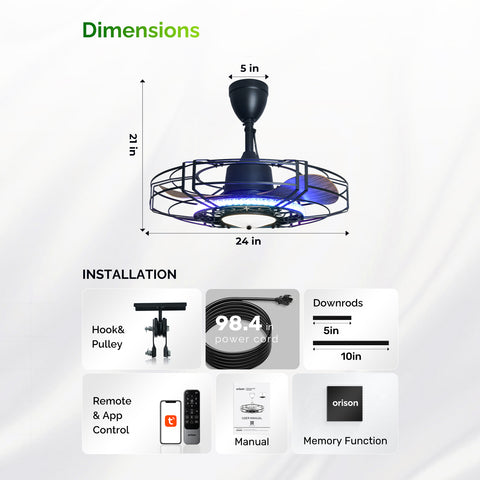 24" Orison Outdoor Ceiling Fan with RGB Light, Gazebo Fans Outdoor Hanging