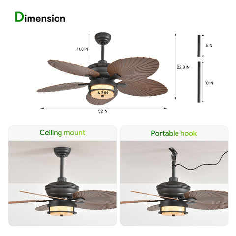 52" Orison Outdoor Ceiling Fan with Lights, Tropical Palm Leaf Fan, Dimmable Light with Remote/APP Control, Alexa Voice Control