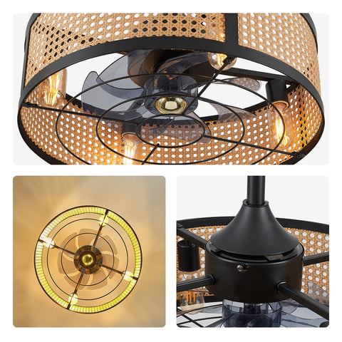 20" Orison Boho Ceiling Fan With Lights, Rattan Fandelier Caged Ceiling Fan with Remote/APP Control