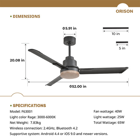 52" Orison Outdoor Ceiling Fan with Lights and Remote Control, Wet Rated Waterproof Gazebo Fan for Porch Patios Pavilion