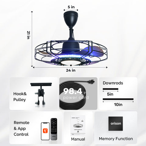 24" Orison Outdoor Ceiling Fan with RGB Light, Gazebo Fans Outdoor Hanging