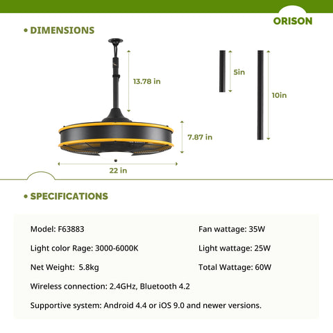 22" Orison Outdoor Ceiling Fans with Lights, Wet Rated Gazebo Fan with Remote/App Control