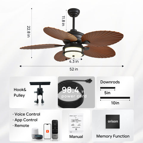 52" Orison Outdoor Ceiling Fan with Lights, Tropical Palm Leaf Fan, Dimmable Light with Remote/APP Control, Alexa Voice Control