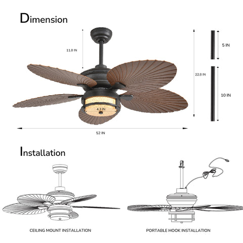 52" Orison Outdoor Ceiling Fan with Lights, Tropical Palm Leaf Fan, Dimmable Light with Remote/APP Control, Plug-in/Flush Mount