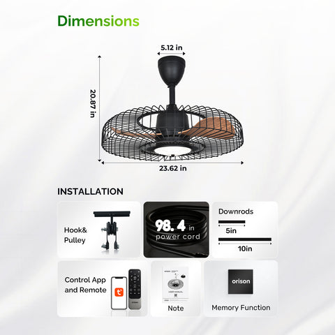 24" Orison Outdoor Ceiling Fans with Lights for Patio, Weatherproof Gazebo Fan Remote & APP Control