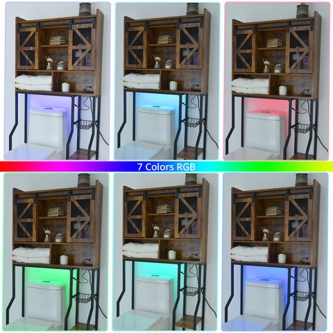 Orison Toilet Rack with RGB Light, Over The Toilet Storage Cabinet with 2 Barn Door and Toilet Paper Holder Stand