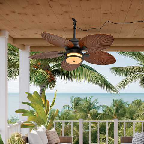 52" Orison Outdoor Ceiling Fan with Lights, Tropical Palm Leaf Fan, Dimmable Light with Remote/APP Control, Plug-in/Flush Mount