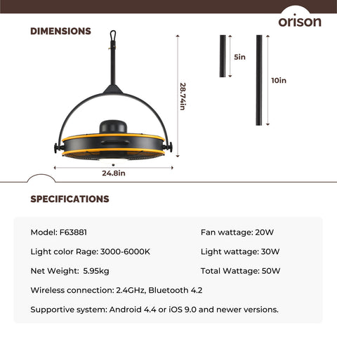 24.8" Orison Outdoor Ceiling Fan with Light 360-degree Manual Vertical Rotation - Waterproof