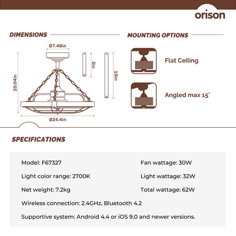 24.4" Orison Smart Caged Ceiling Fan With Lights, Dimmable LED Ceiling Light with Remote/APP Control