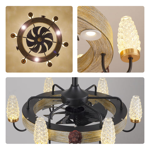 24.8" Orison Fandelier Ceiling Fan With Lights, Dimmable Rustic Fan Light with Remote/APP Control