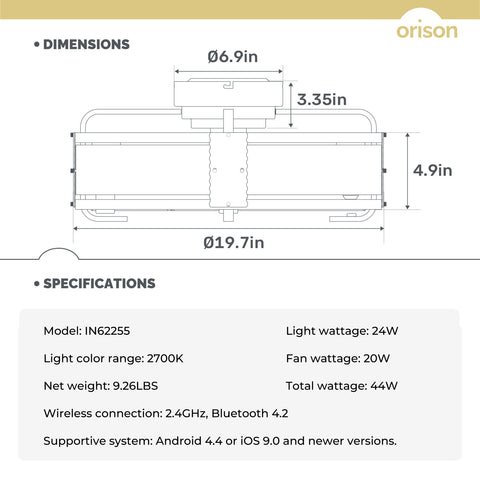 20" Orison Low Profile Fandelier Ceiling Fan With Light Fixture