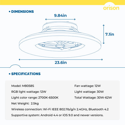 24" Orison RGB Ceiling Fans with Lights, Compatible with Alexa/Google Home and App Controlled
