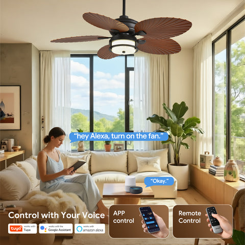 52" Orison Outdoor Ceiling Fan with Lights, Tropical Palm Leaf Fan, Dimmable Light with Remote/APP Control, Alexa Voice Control
