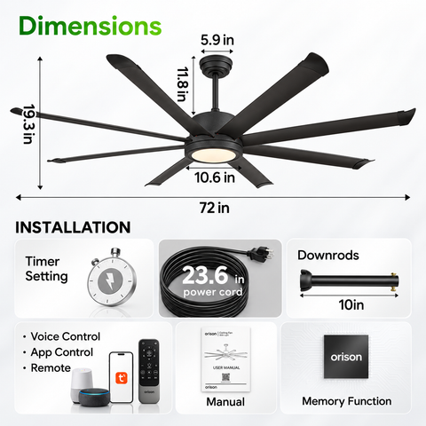 72" Orison Smart Ceiling Fans with Lights, Alexa & Remote & Tuya