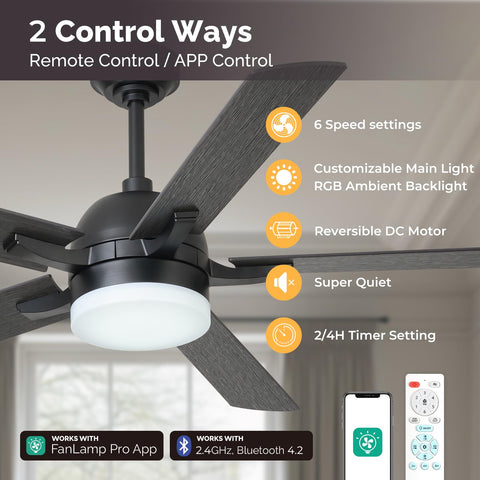 52" Orison Ceiling Fans with Lights, RGB Backlight with Remote/APP Control