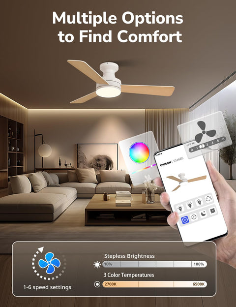 Orison 42-Inch Ceiling Fans with Light, Features RGB Backlight, Dimmable Lighting