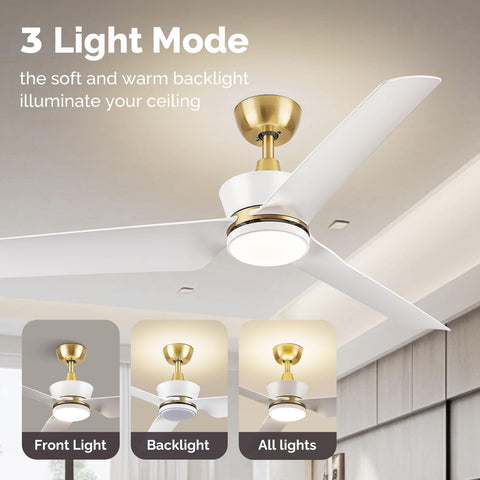 52" Orison Indoor Ceiling Fans with Lights, Back Mood Light, Remote/APP Control, Modern White Gold