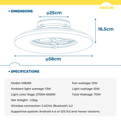 23" Orison Bladeless Ceiling Fan with Light, Timing with Remote Control