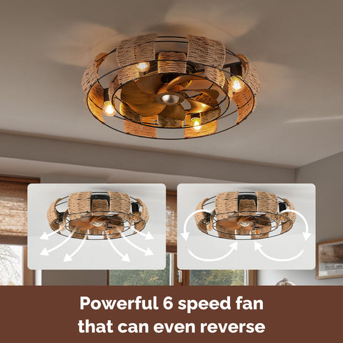 22" Orison Farmhouse Hemp Rope Caged Ceiling Fan with Lights and Remote/APP Control(Oval)